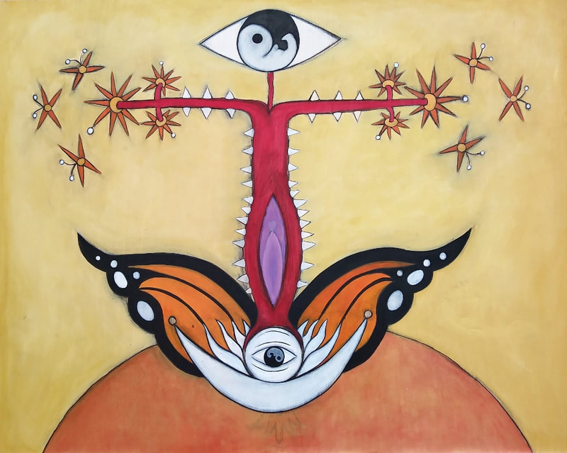 Red Aztec Tree with butterflies and flowers, painting by EJMontelongo