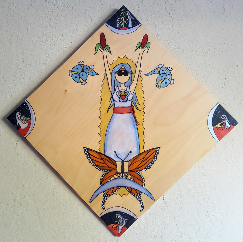 painting inspired by virgen de guadalupe with corn and monarch butterfly by ejmontelongo