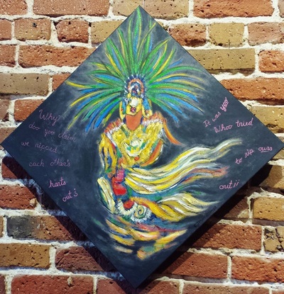 Mexika Aztec Dancer original oil painting on canvas by SF Bay Area artist Elizabeth Jimenez Montelongo