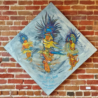 Mexika Aztec Dancer original oil painting on canvas by SF Bay Area artist Elizabeth Jimenez Montelongo