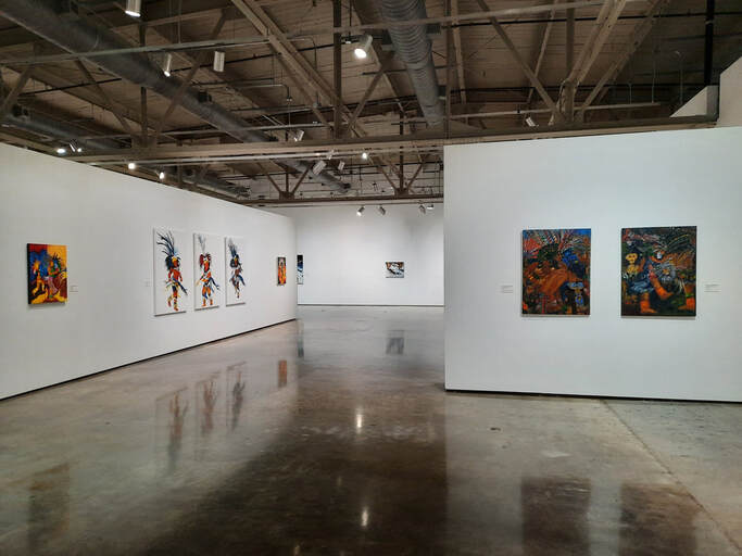Elizabeth Jimenez Montelongo oil painting of Mexika dancers Aztec dance