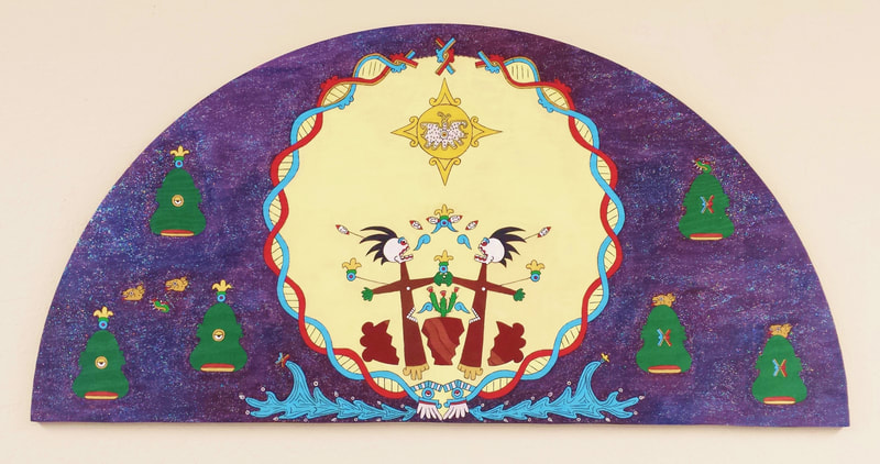painting of zemanahuak, anahuac, with skull people, sun, entwined serpents of dna, ejmontelongo